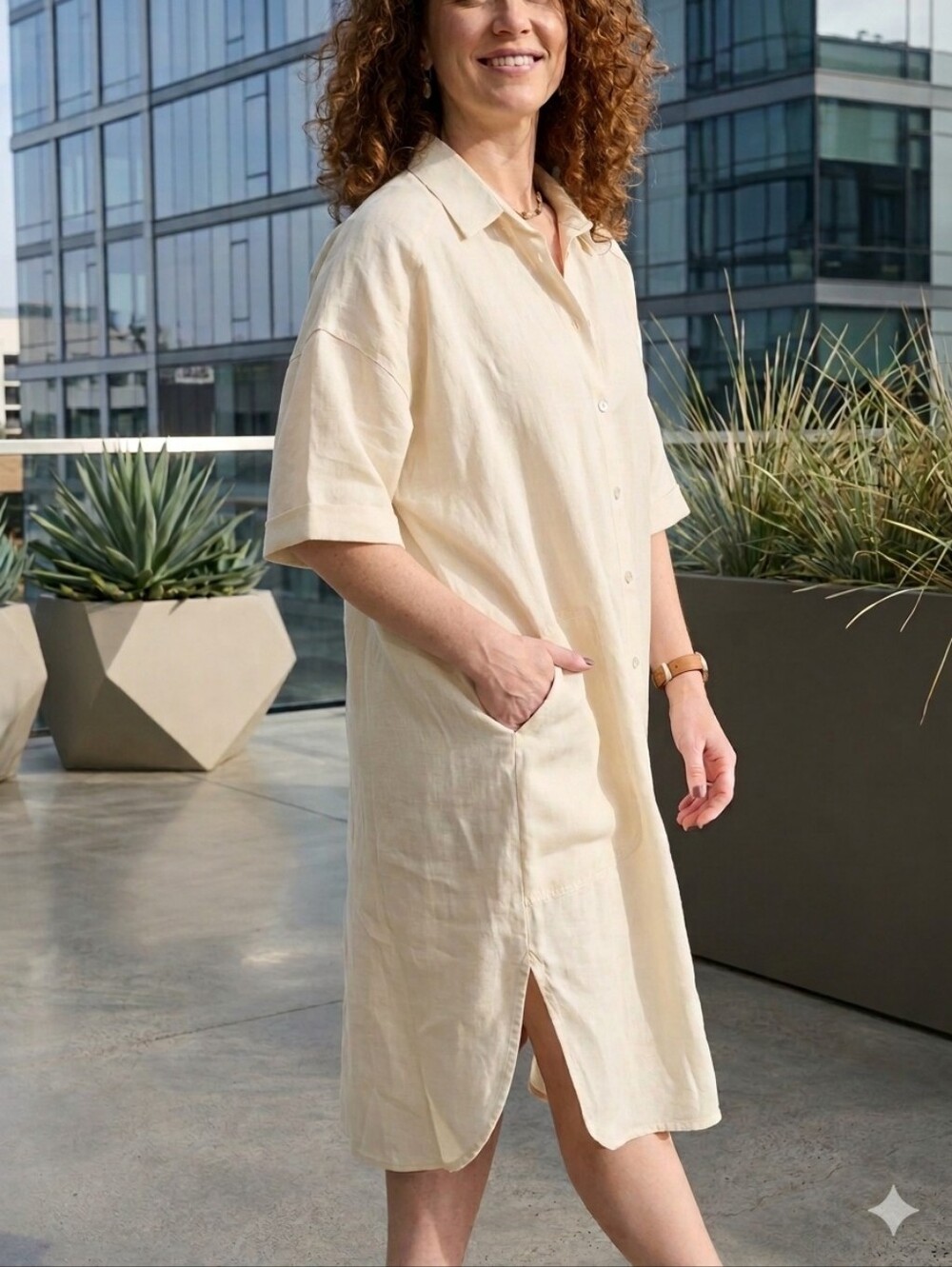 OSKA Cream Linen Shirt Dress - Size 2 (US 8/10) - Lagenlook